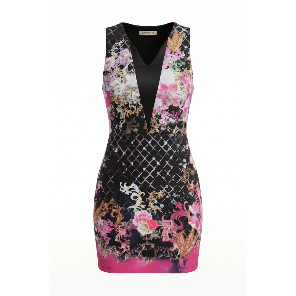 Arden B Womens Floral Baroque Print Deep‎ V-Neck Bodycon Mini Dress Black Pink S